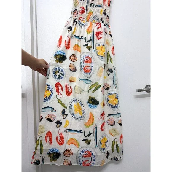 Lisa Says Gah Annie Food Print Maxi Dress Tapas Ivory Lemon Olive Fruit S - Picture 6 of 13